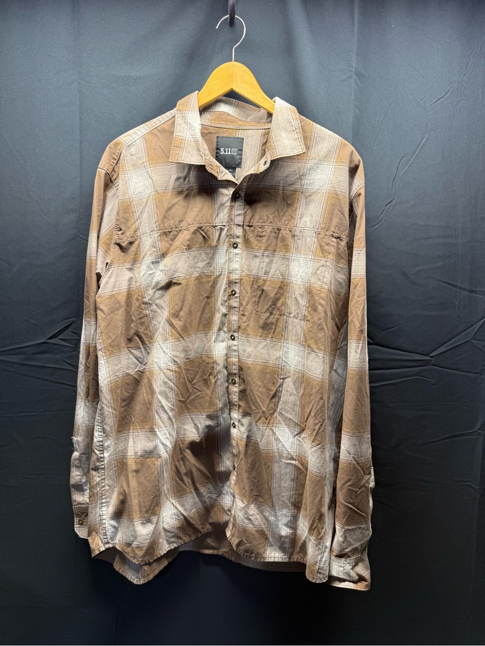 EUC 5.11 Tactical Brown and Cream Plaid Button-Down Shirt Sz XL (11ay)